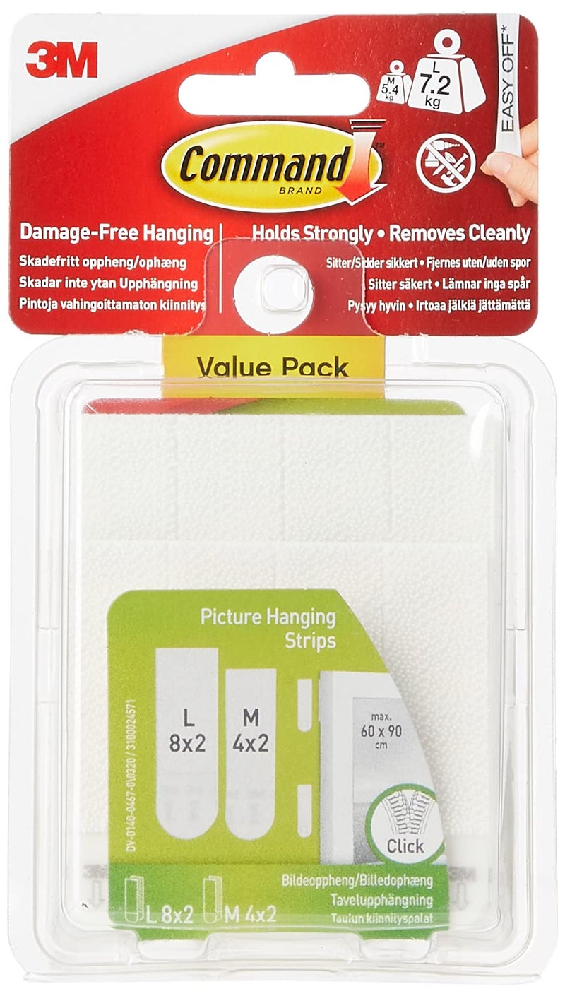 Command Medium and Large Picture Hanging Strips  Damage Free Hanging Picture Hangers  No Tools Wall Hanging Strips for Living Spaces  White  4 Medium Pairs and 8 Large Pairs - Image 1